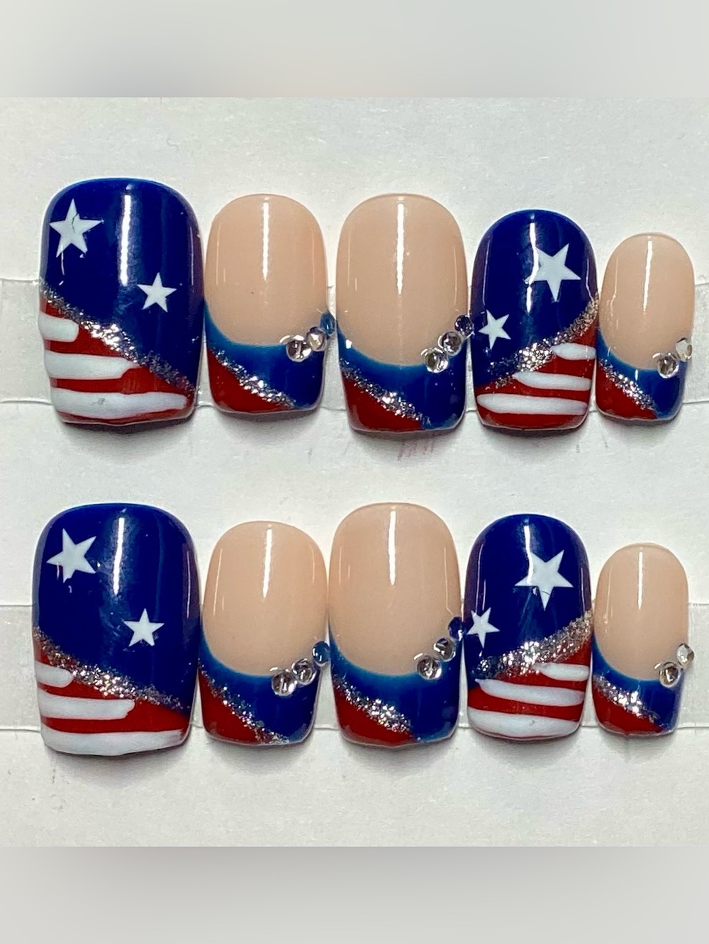 Hand-painted 4th of July American Flag French Tip Square Press-On Nails Medium - Picture 1 of 5